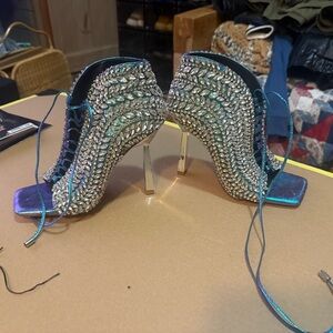 Sparkling Silver and Blue Lace-Up Heels